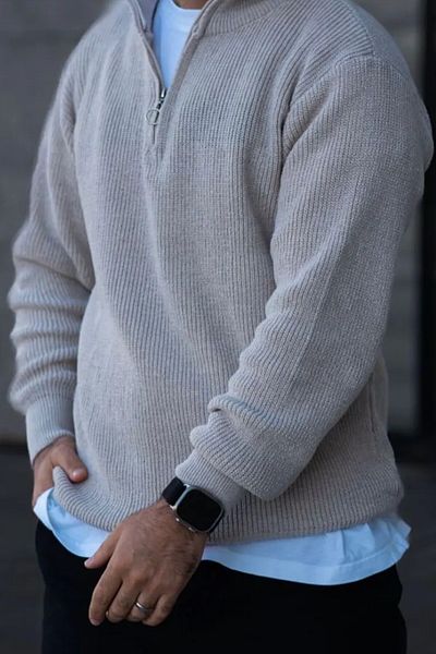 Black Sokak Beige Men's Knitwear Sweater - Stand Collar and Half Zipper Detail