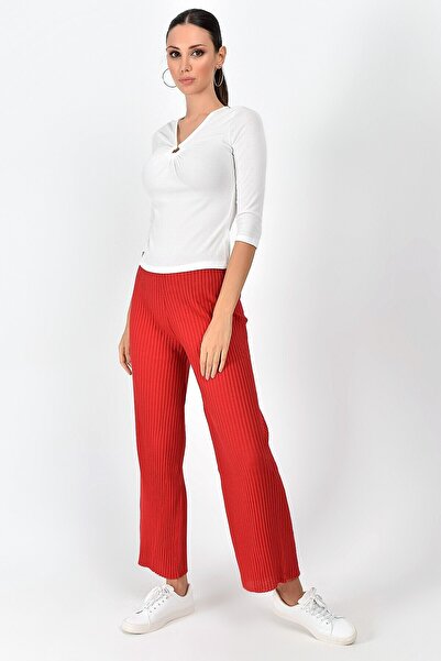 Cotton Mood 9360793 Thick Corded Fabric Elastic Waist Long Trousers Red