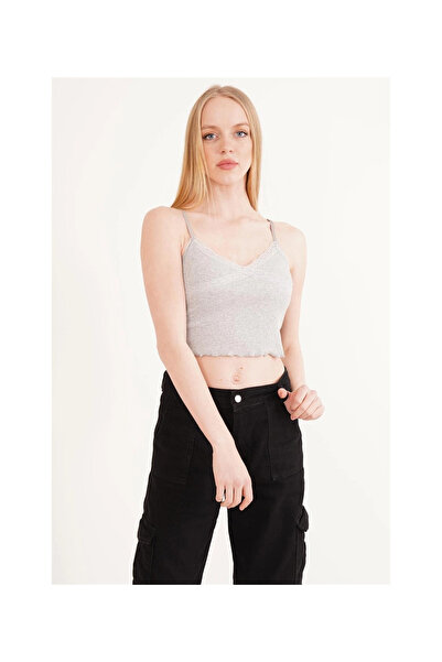 Cotton Mood 23254275 Camisole Rope Strap Lace Crop Blouse Gray