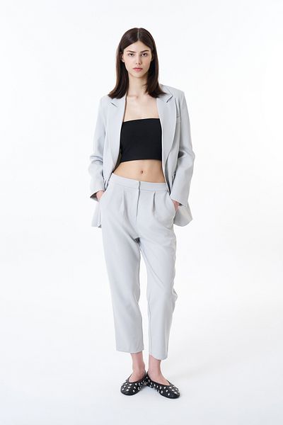 Quzu Elastic Waist Fabric Trousers Light Gray
