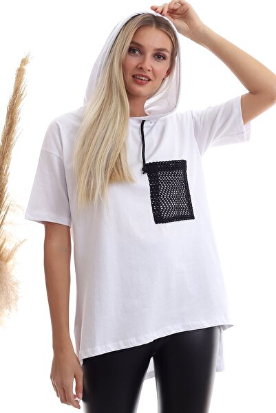 Cotton Mood 20333400 Single Jersey Hooded Tunic with Mesh Pocket Garnish White