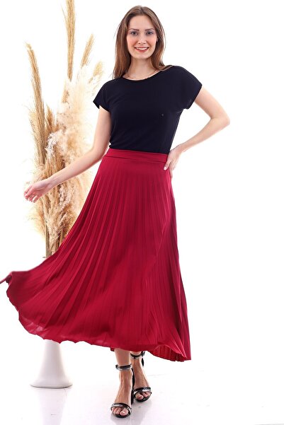 Cotton Mood 9072693 Mira Pleated Elastic Waist Long Skirt Bordo