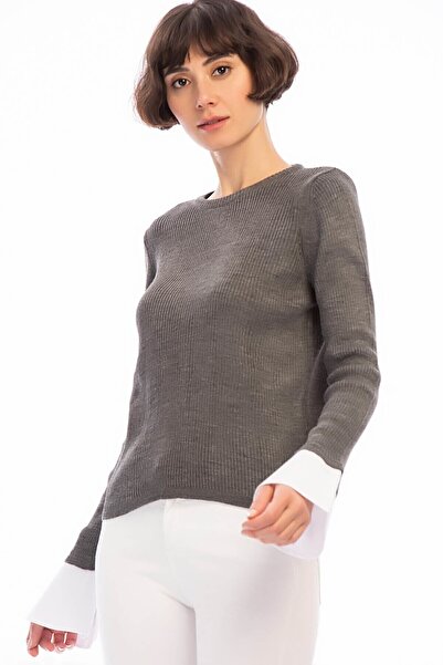 Cotton Mood 8506003 Slim Ribbed Camisole Long Sleeve Blouse with Cuff Trim Fume