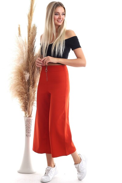 Cotton Mood 9092864 Azra Front Zipper Wide Leg Trousers Tile