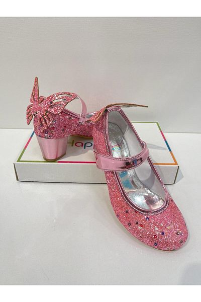 BUTİKHAPPYKİDS Girl's Evening Dress Shoes Pink Butterfly Glittering Party - Birthday Heeled Girl's Shoes