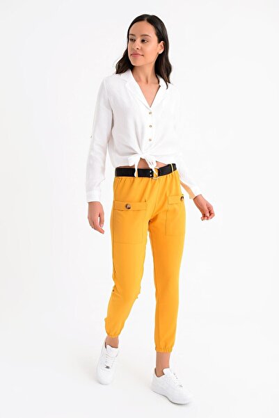 Cotton Mood 9152981 Buckle Leg Elastic Front Pocket Trousers Mustard