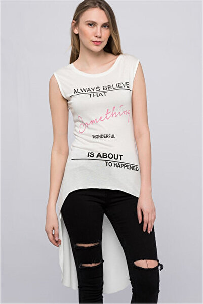 Cotton Mood 8111101 Something Text Printed Back Skirt Long Sleeveless Tunic Ecru