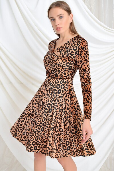 Cotton Mood 9391731 Velvet Des. Double-Breasted Yak Skirt with Pleated Hem. Sleeve Dress Leopard