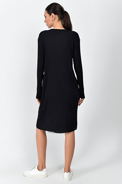 Cotton Mood 9361437 Thick Corded Fabric Ribbed Knit Pockets Long Tunic Dress Black