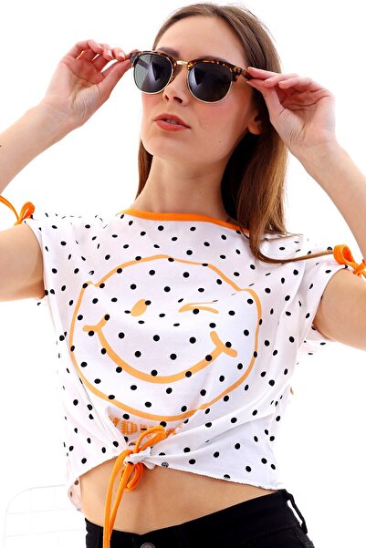 Cotton Mood 20050510 بلوزة سوبريم مطبوعة بابتسامة مع ربطة عنق برتقالية اللون