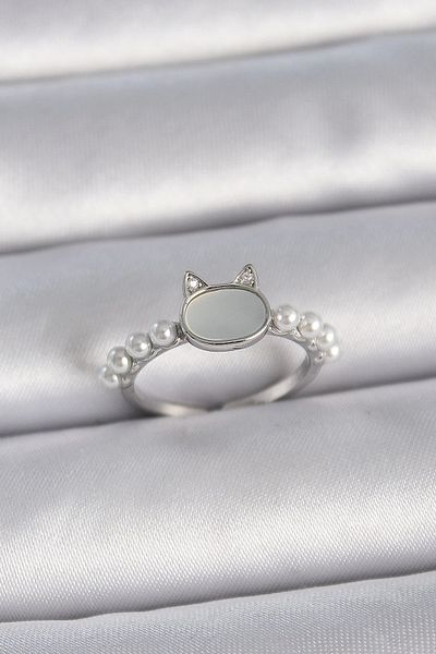 Clariss Brass Silver Color Adjustable White Enameled Cat Model Pearl Detail Women's Ring