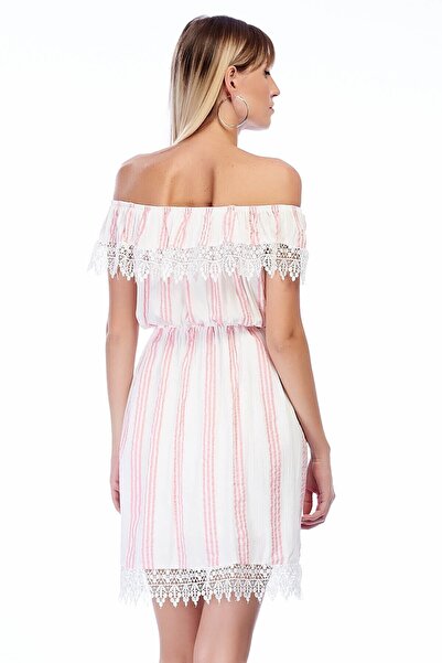 Cotton Mood 82909462 Şile Fabric Striped Patterned Madonna Collar Lace Dress Ecru Pink