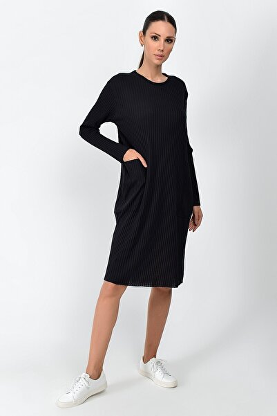 Cotton Mood 9361437 Thick Corded Fabric Ribbed Knit Pockets Long Tunic Dress Black