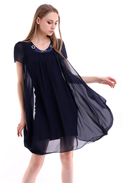 Cotton Mood 20050518 Chiffon Neckline Stone Salash Pocket Dress Navy Blue