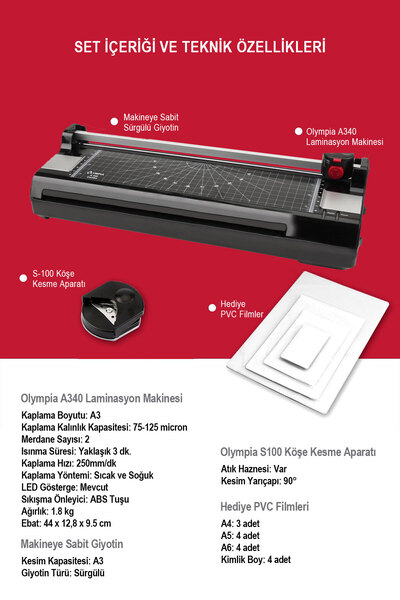 Olympia A340 A3 Kağıt Kesme Giyotin Makinesi ve Pvc Laminasyon Makinesi + 15 Pvc Filmi