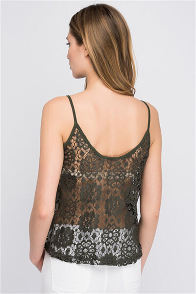 Cotton Mood 8114299 Lace Frontal Double Layered Strap Blouse Khaki