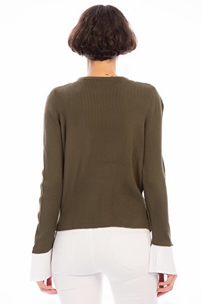 Cotton Mood 8506003 Slim Ribbed Camisole Long Sleeve Blouse with Cuff Trim Khaki