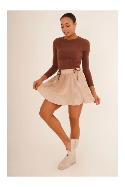 Cotton Mood 23254005 Sandy Front Tunnel Gathered Long Sleeve Blouse BROWN