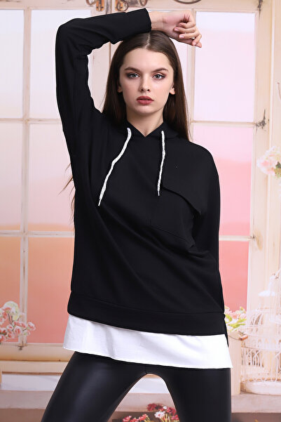 Cotton Mood 21404011 سترة طويلة بقلنسوة وجيوب مزينة بالزخارف باللون الأسود