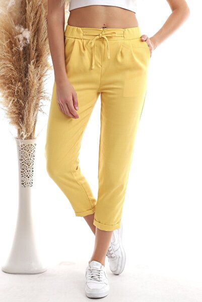 Cotton Mood 20343111 Viscose Flannel Zippered Pleated Pocket Carrot Pants Mustard