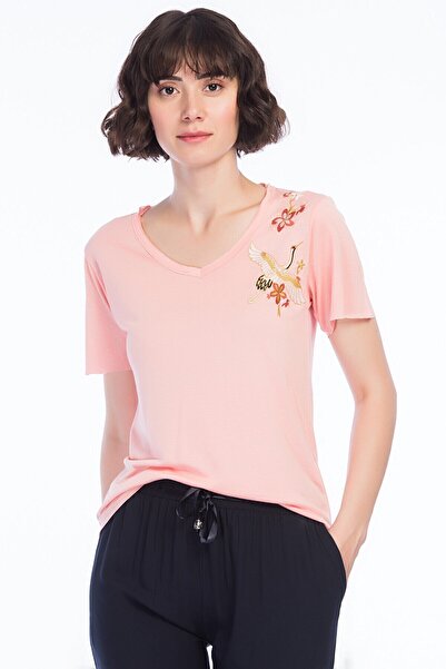 Cotton Mood 8160562 تي شيرت بأكمام قصيرة وياقة على شكل حرف V مع تطريز طائر ال...