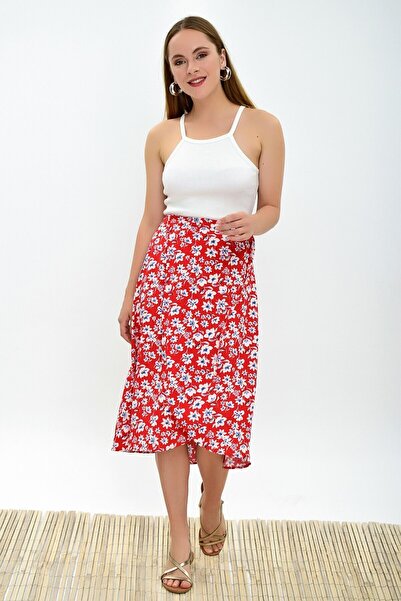 Cotton Mood 9313124 Dok.Viskon Patterned Tie-Waist Wrap Skirt Red White