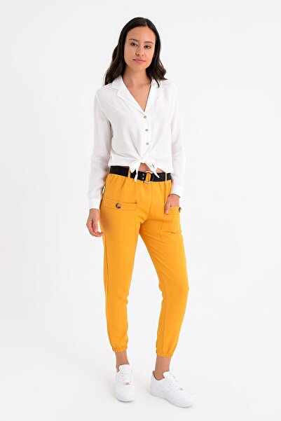 Cotton Mood 9152981 Buckle Leg Elastic Front Pocket Trousers Mustard