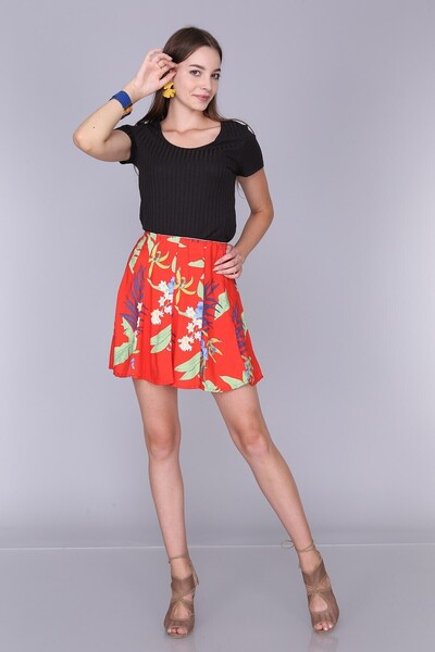 Cotton Mood 92814022 Dok.Viskon Patterned Partially Elastic Short Skirt Red Flowered