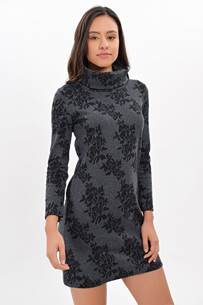 Cotton Mood 94271091 Herringbone Large Rose Dsn. Degaje Collar Long Sleeve Dress Fume