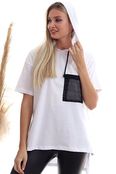 Cotton Mood 20333400 Single Jersey Hooded Tunic with Mesh Pocket Garnish White