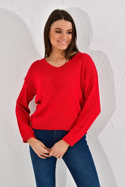 Cotton Mood 20026187 Knitwear Striped V-Neck Blouse Red