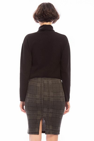 Cotton Mood 8505072 Plaid Line Pattern Elastic Waist Slit Pencil Skirt Hakı