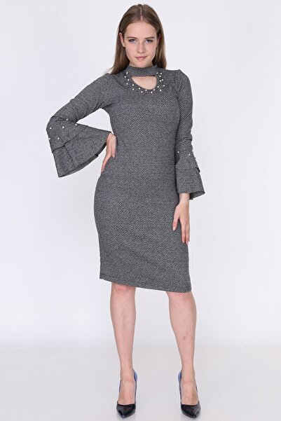 Cotton Mood 9361013 Jacquard Windowed Sleeve Flounce Pearl Dress Gray-Black Jacquard