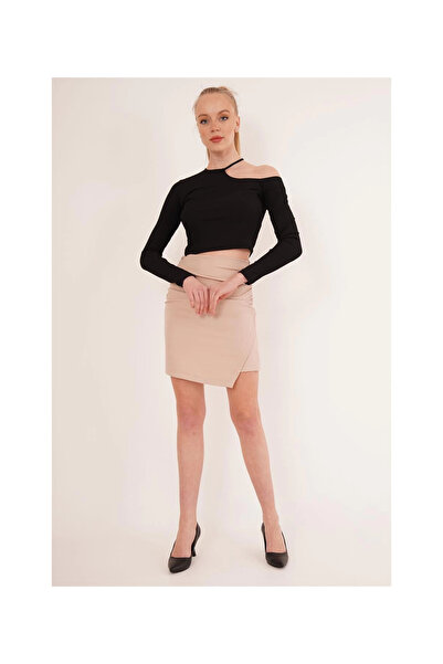 Cotton Mood 23254279 Camisole One Shoulder Neckline Drawstring Crop Blouse Black