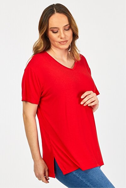 Cotton Mood B21399902 Large Size Viscose V-Neck Short Sleeve Blouse Red