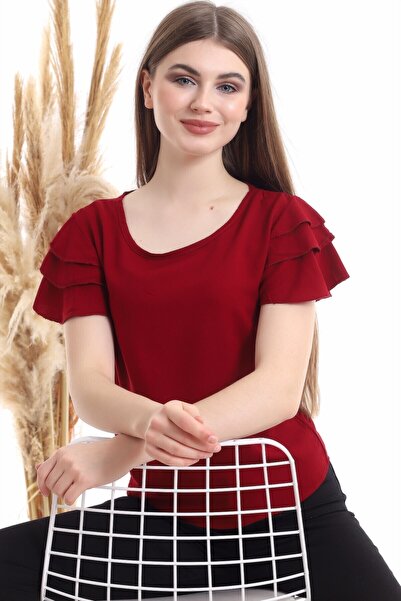 Cotton Mood 94022011 Dok.Viskon Fırfırlı Kısa Kol Bluz BORDO