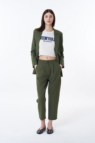 Quzu Khaki Colored Fabric Trousers with Elastic Waist