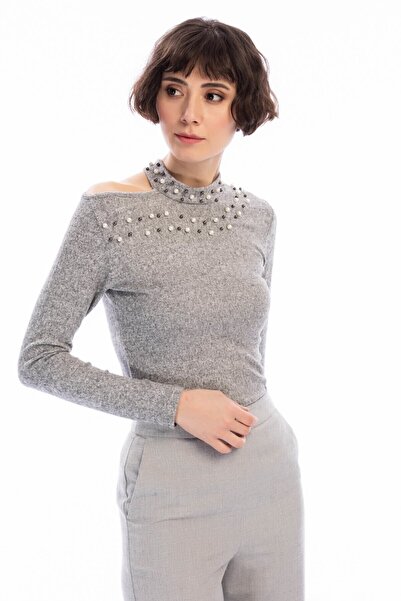 Cotton Mood 8490936 Yumoş One-Shoulder Open Pearl Blouse Gray