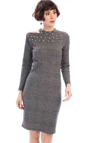 Cotton Mood 8441019 Plaid One-Shoulder Open Pearl Dress Gray-Black Jacquard