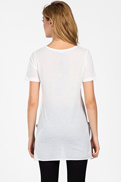 Cotton Mood 9041038 V-Neck Side Slit Short Sleeve T-Shirt Ecru