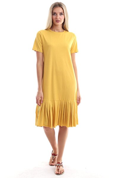 Cotton Mood 9303044 Single Jersey Skirt Pleated Short Sleeve Dress Mustard
