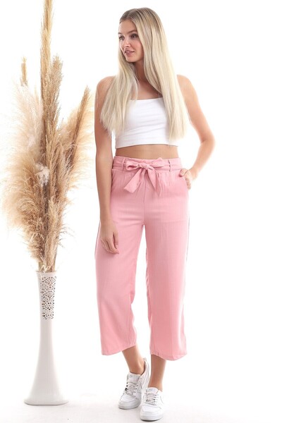 Cotton Mood 20343112 Viscose Flared Belted Wide Leg Trousers Dried Rose