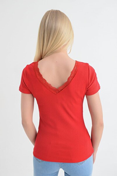 Cotton Mood 91515270 Ribbed Knit Front and Back V Lace Short-Sleeved Blouse Red