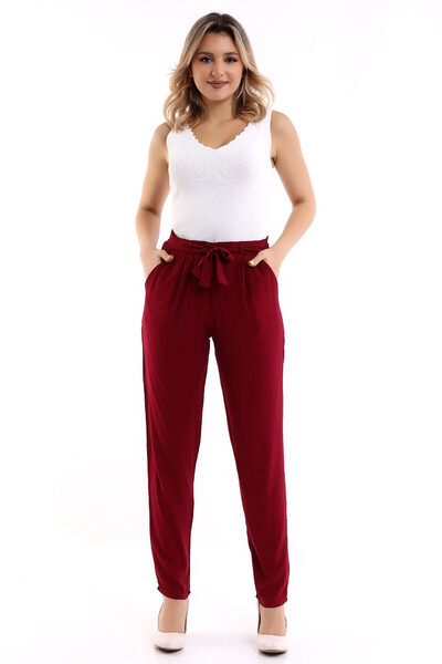 Cotton Mood 8083177 Belmando Viscose Belted Elasticated Trousers with Pockets Bordo