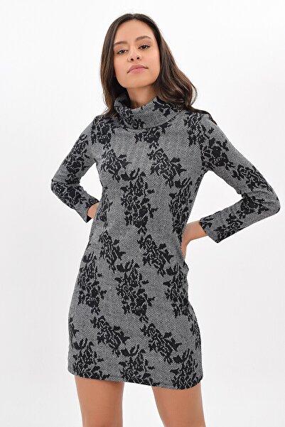 Cotton Mood 94271091 Herringbone Large Rose Dsn. Degaje Collar Long Sleeve Dress Gray