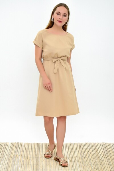 Cotton Mood 9303031 Dok.Viskon Elastic Waist Bat Sleeve Dress Beige