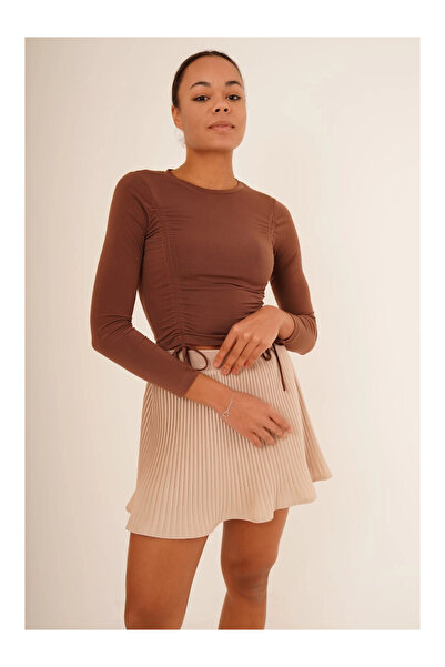 Cotton Mood 23254005 Sandy Front Tunnel Gathered Long Sleeve Blouse BROWN