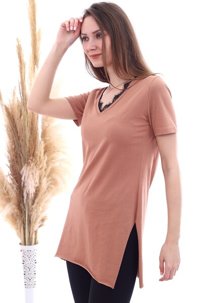 Cotton Mood 20061494 Single Jersey V-Neck Collar Lace Short Sleeve Blouse Cinnamon