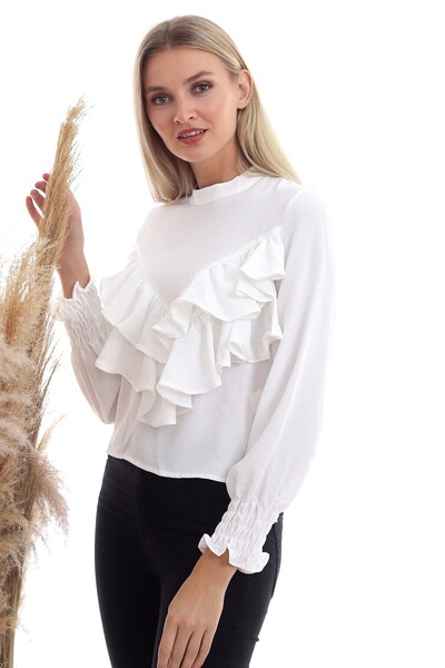 Cotton Mood 20333355 Ayrobin Double Row Volan Long Sleeve Blouse Ecru