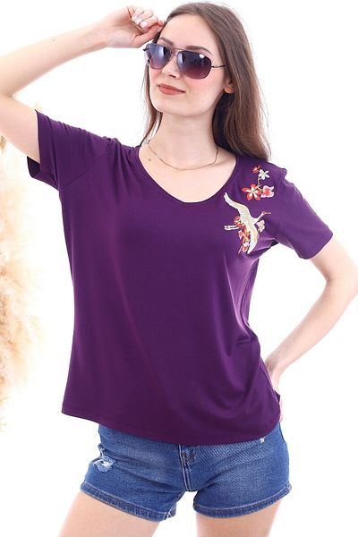 Denismoda Stork Embroidered V-Neck Boyfriend Blouse Red Dark Orange Green Gray Claret Red
